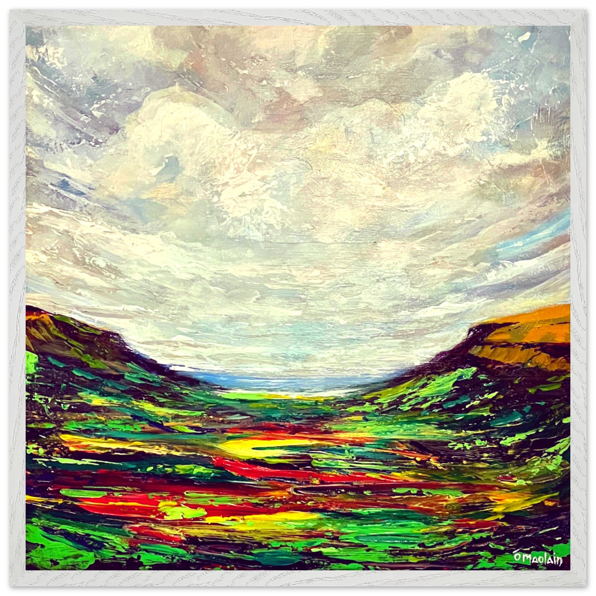 A serene landscape art print titled Queen of the Glens by artist Ó Maoláin, depicting the picturesque Glenariff in County Antrim, Ireland, with lush greenery and coastal charm.