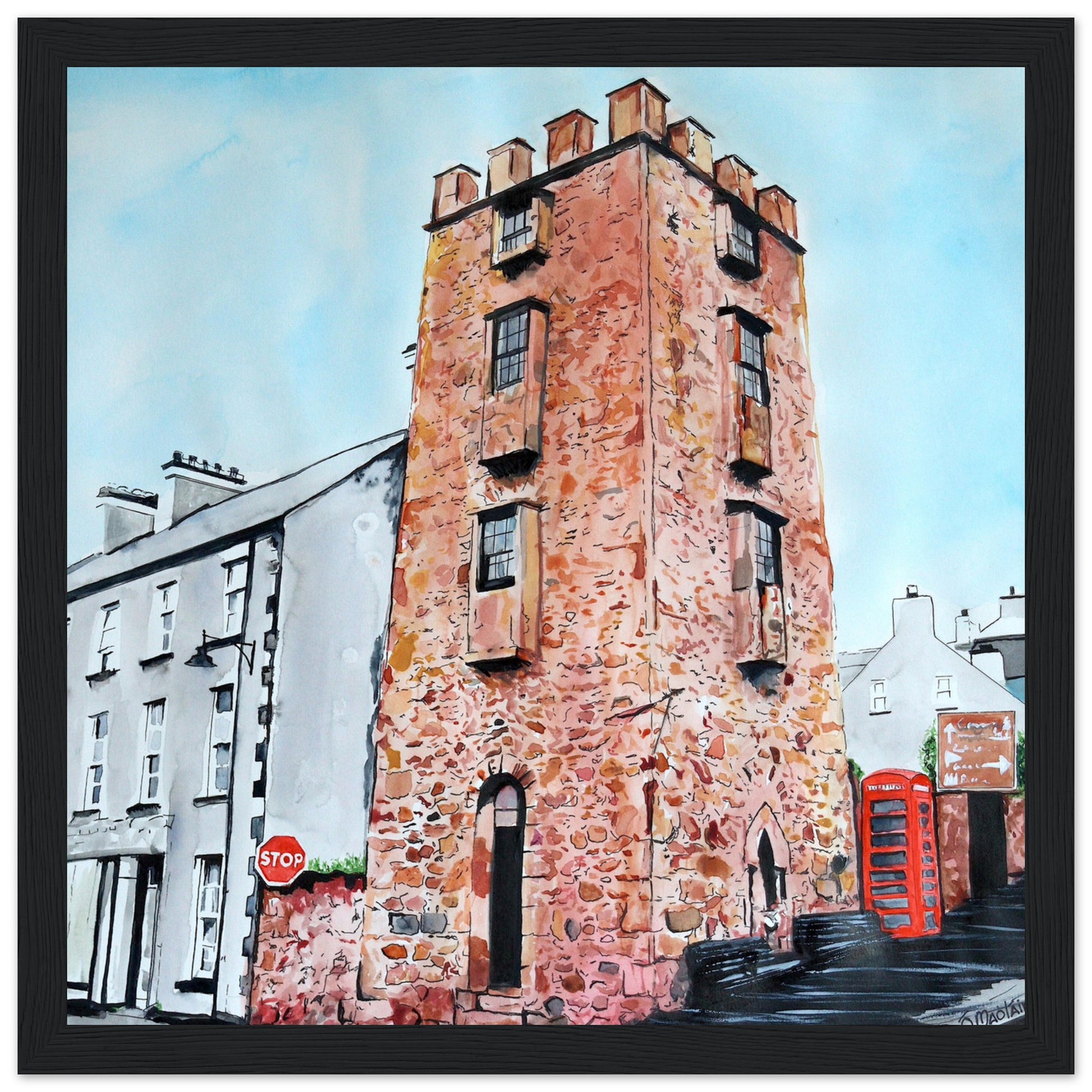 Framed art print 'The Curfew Tower' by Ó Maoláin. This piece depicts The Curfew Tower in Cushendall, Glens of Antrim, built by Francis Turnley in 1820 and now owned by Bill Drummond. The artwork showcases the tower amid the scenic Glens of Antrim.