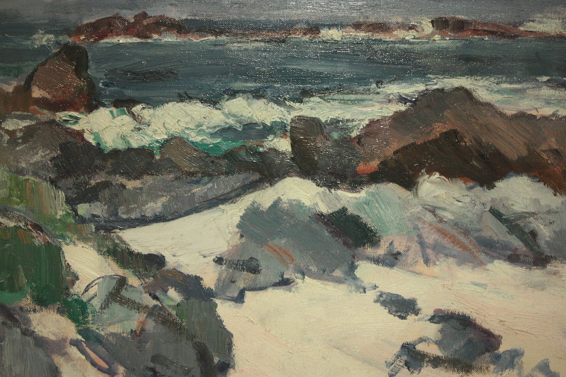 A Rocky Shore, Iona by S. J. Peploe — pink granite rocks, white sand and turquoise sea