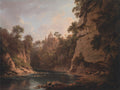 Hawthornden Castle on its cliff above the North Esk gorge, painted by Alexander Nasmyth