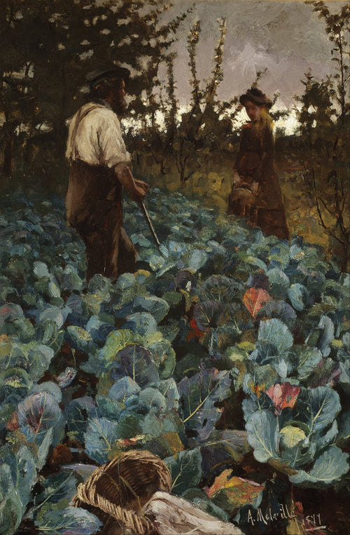 A Cabbage Garden by Arthur Melville, 1877 — a gardener and his daughter among cabbages under a heavy sky