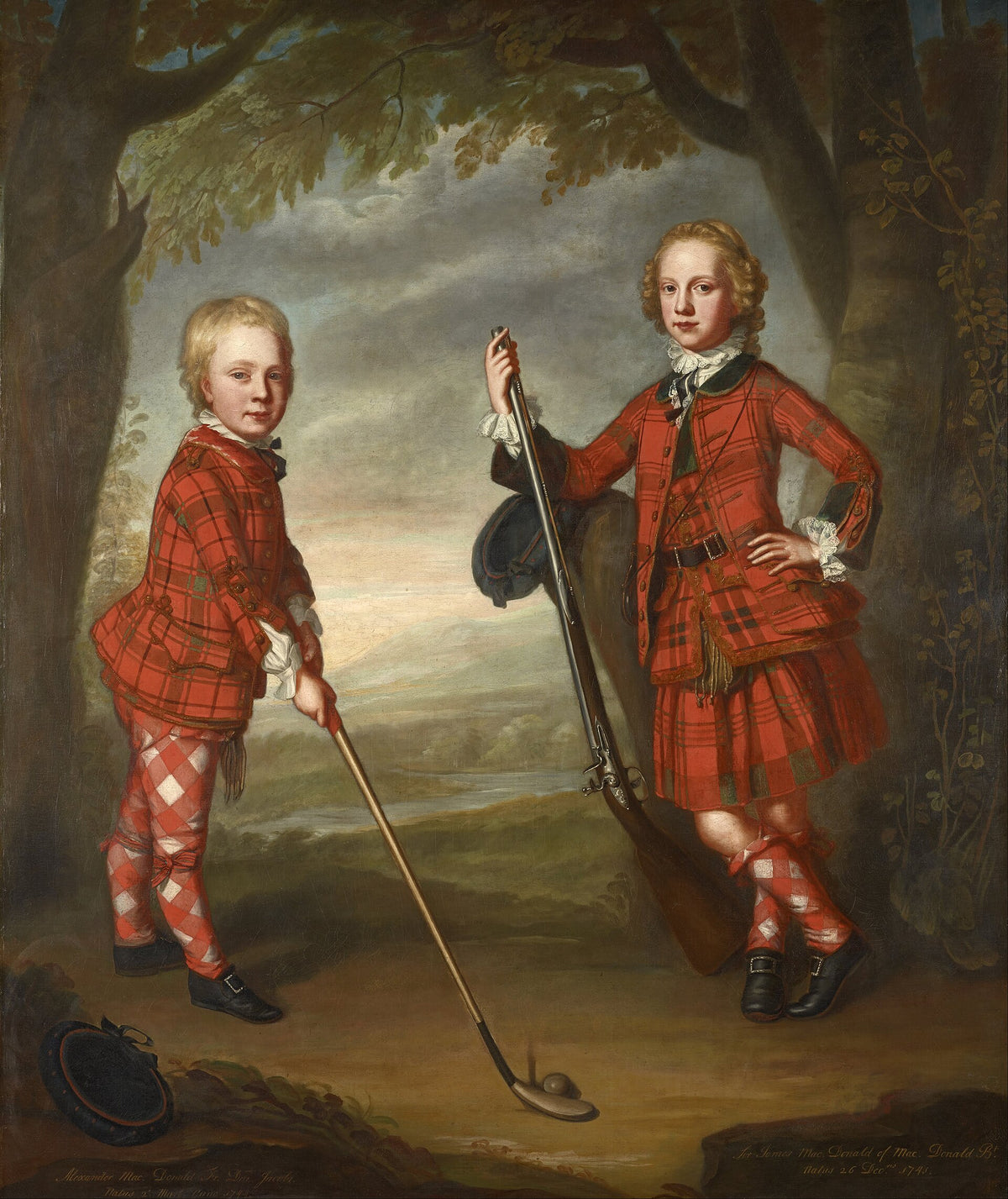 Sir James and Sir Alexander Macdonald as boys in red tartan with golf clubs, about 1749, attributed to William Mosman