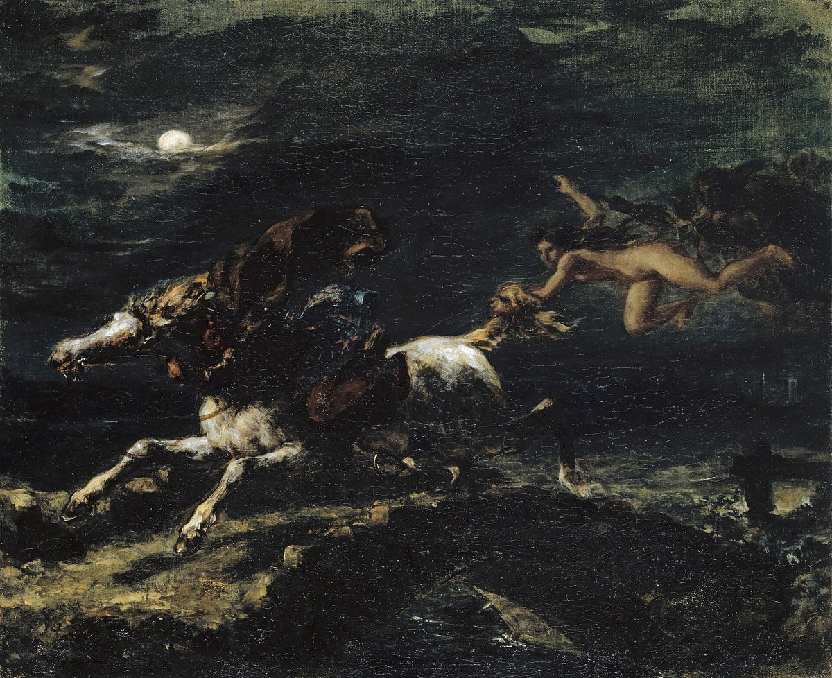 Tam o' Shanter Pursued by Witches, painted by Eugène Delacroix in 1849, a rider fleeing a storm-lit chase