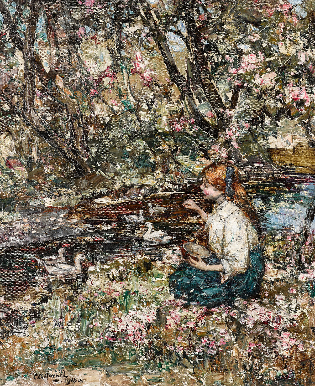 Feeding the Ducks by E. A. Hornel, 1918 — two girls at a pond edge with ducks approaching