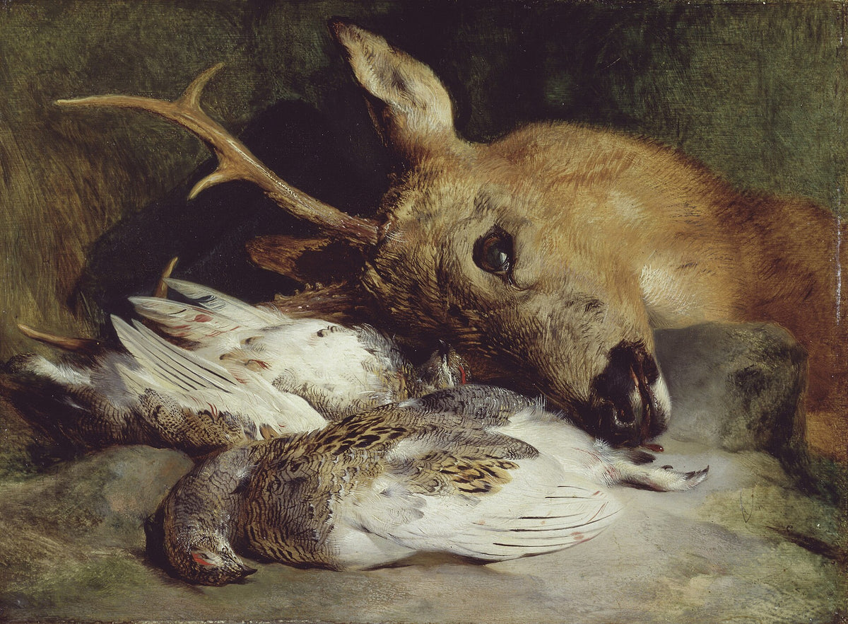 Head of a Roebuck and Two Ptarmigan by Edwin Landseer — a roe deer's head with antlers lying beside two white ptarmigan on a grey ground
