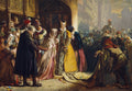 Mary Queen of Scots on horseback led through a crowded Edinburgh street as a prisoner in 1567, painted by James Drummond
