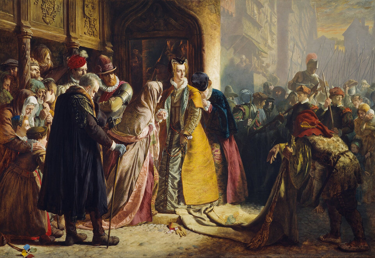 Mary Queen of Scots on horseback led through a crowded Edinburgh street as a prisoner in 1567, painted by James Drummond
