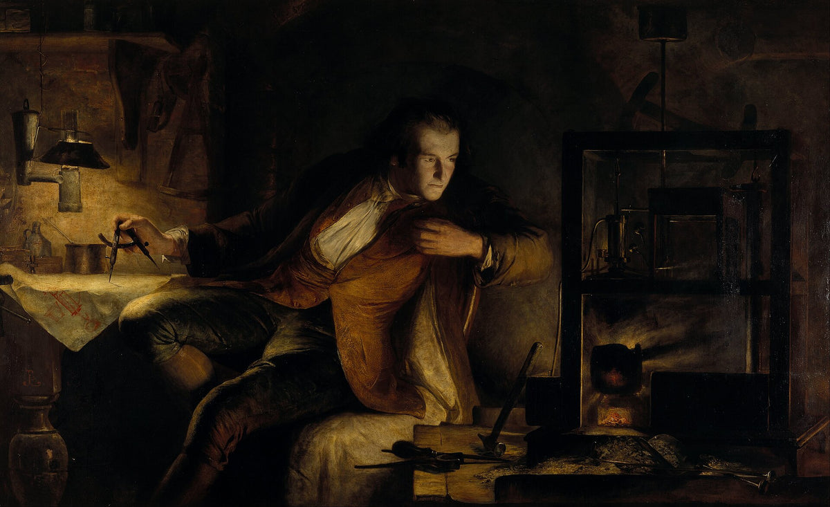 James Watt in his workshop with a model steam engine, painted by James Eckford Lauder in 1855