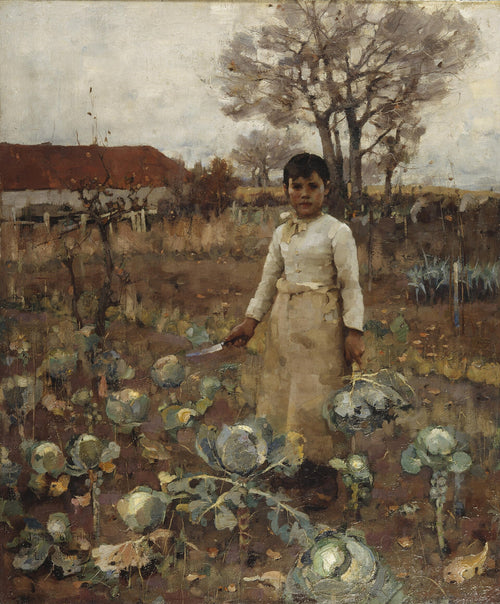 A Hind's Daughter by James Guthrie, 1883 — a girl standing in a field of kail holding a knife, looking directly at the viewer