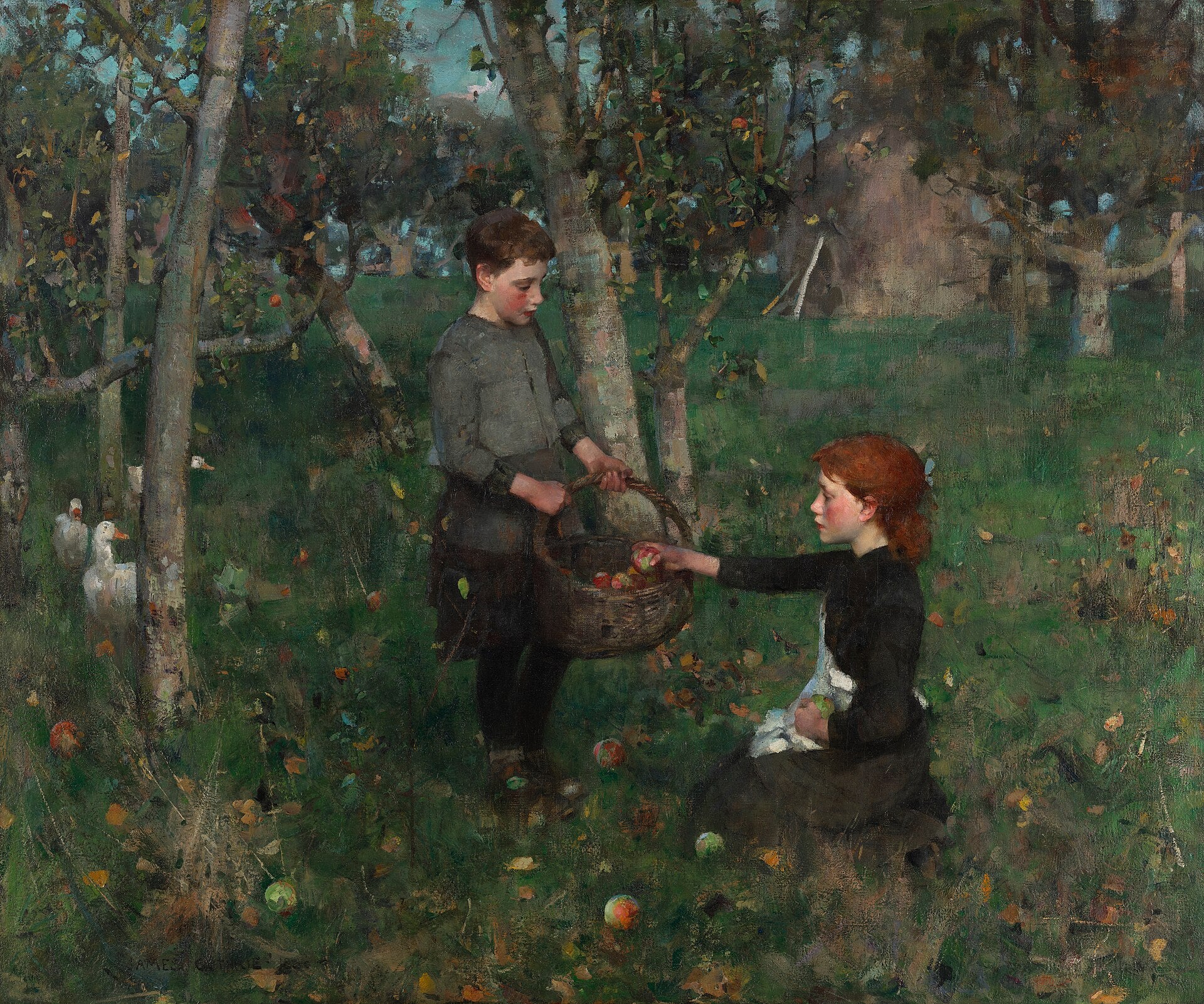 In the Orchard by James Guthrie, 1885-86 — figures in long grass under fruit trees