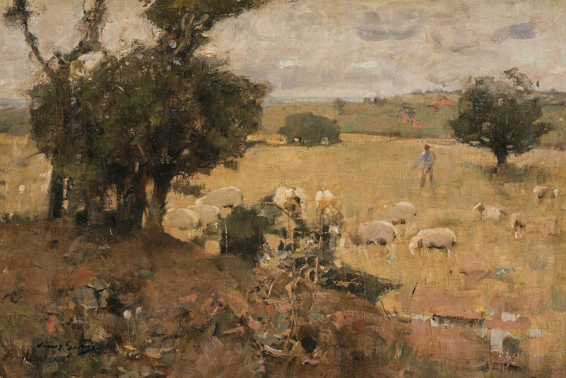 Pastoral by James Guthrie, 1885 — cattle and a figure in a wide Borders field under a broad sky
