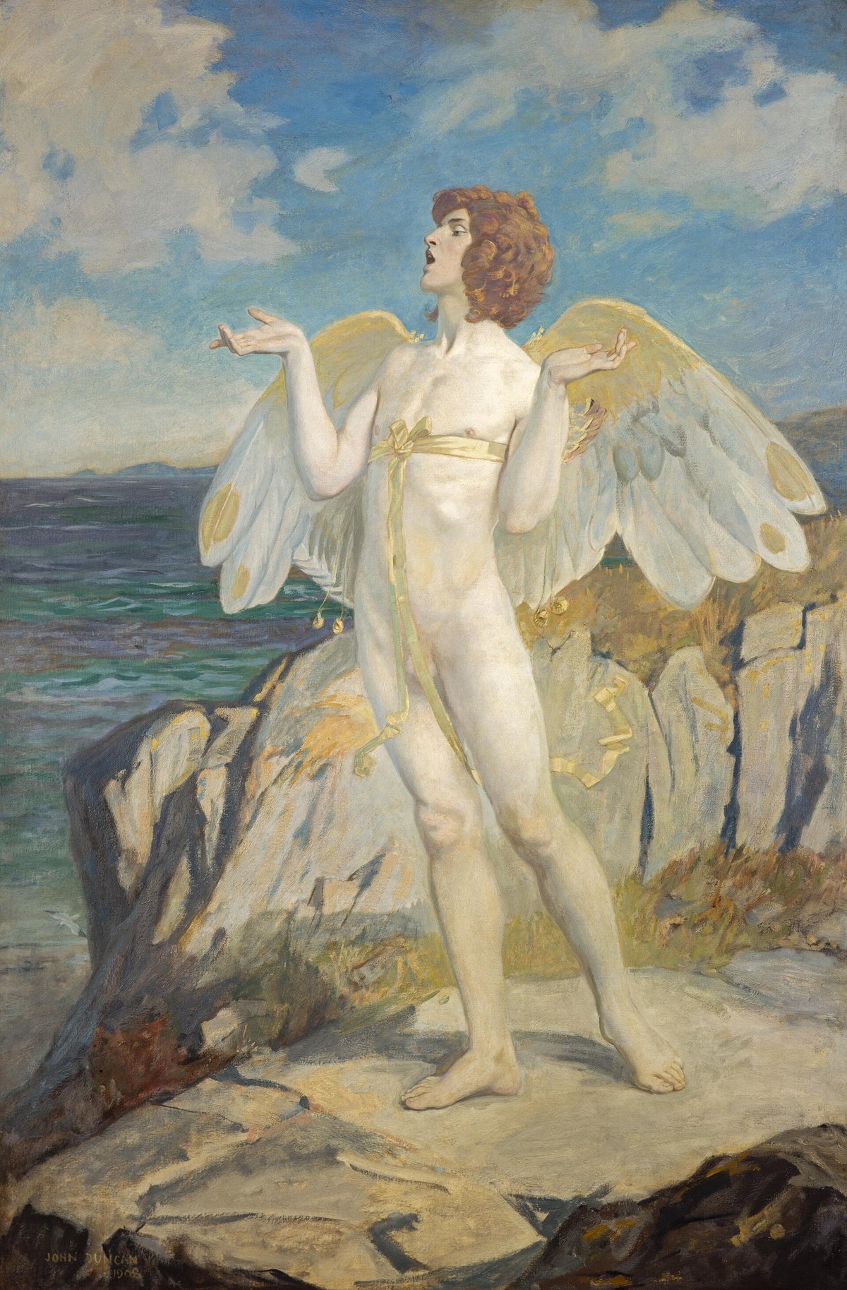 Angus Og, the Gaelic god of love, standing over a calm sea with birds circling his head, painted by John Duncan