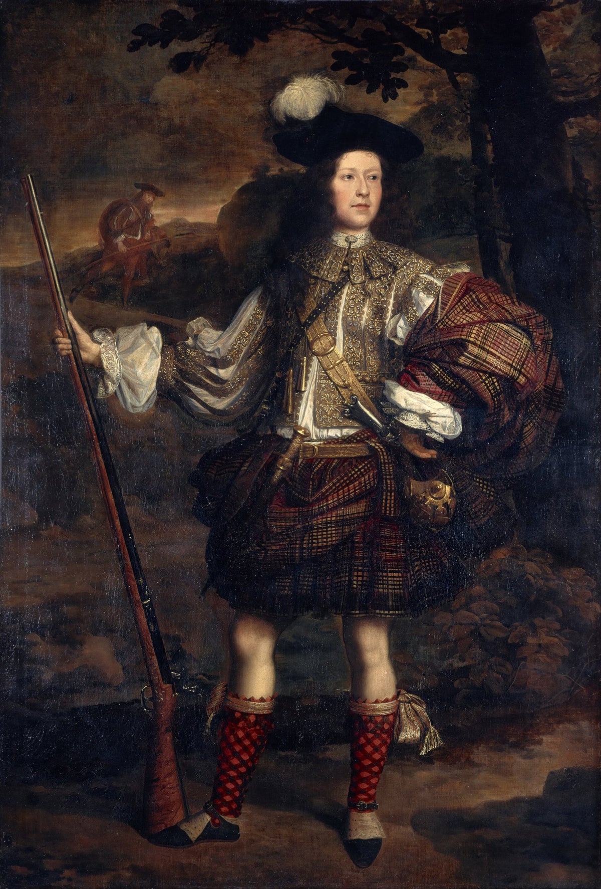 Lord Mungo Murray in a red and green belted plaid with gun, dirk and pistols, painted by John Michael Wright about 1683