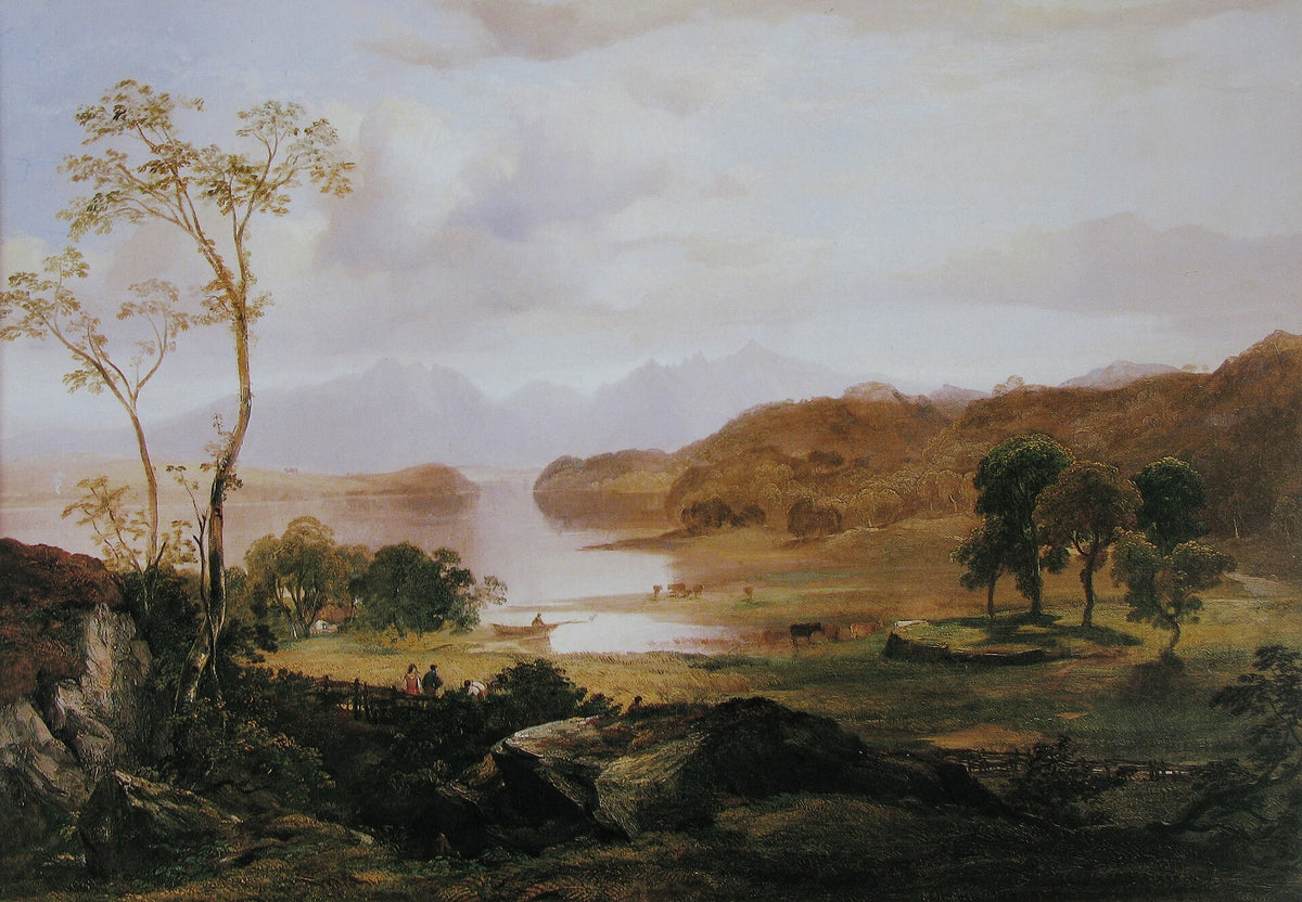 Loch Fad on the Isle of Bute at evening with a boat on the shore, oil painting by Horatio McCulloch, 1844