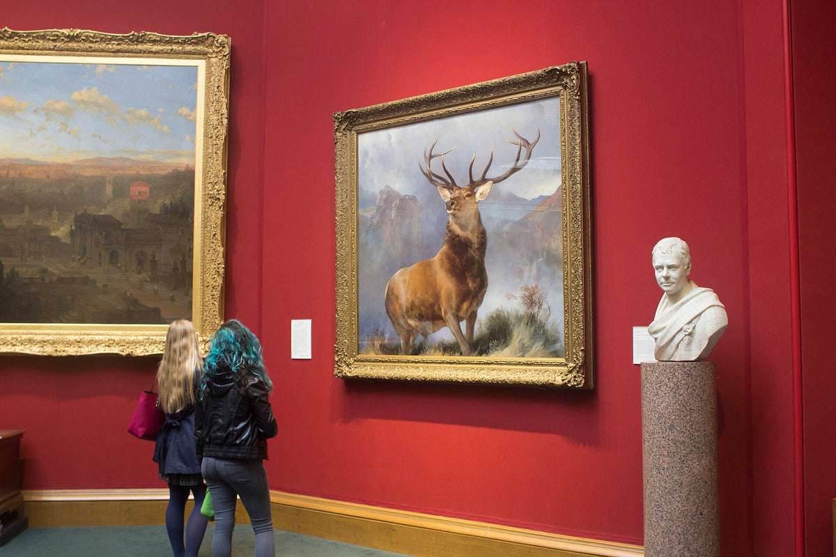 The Monarch of the Glen by Edwin Landseer, 1851 — a twelve-point red deer stag turning its head in Highland mist
