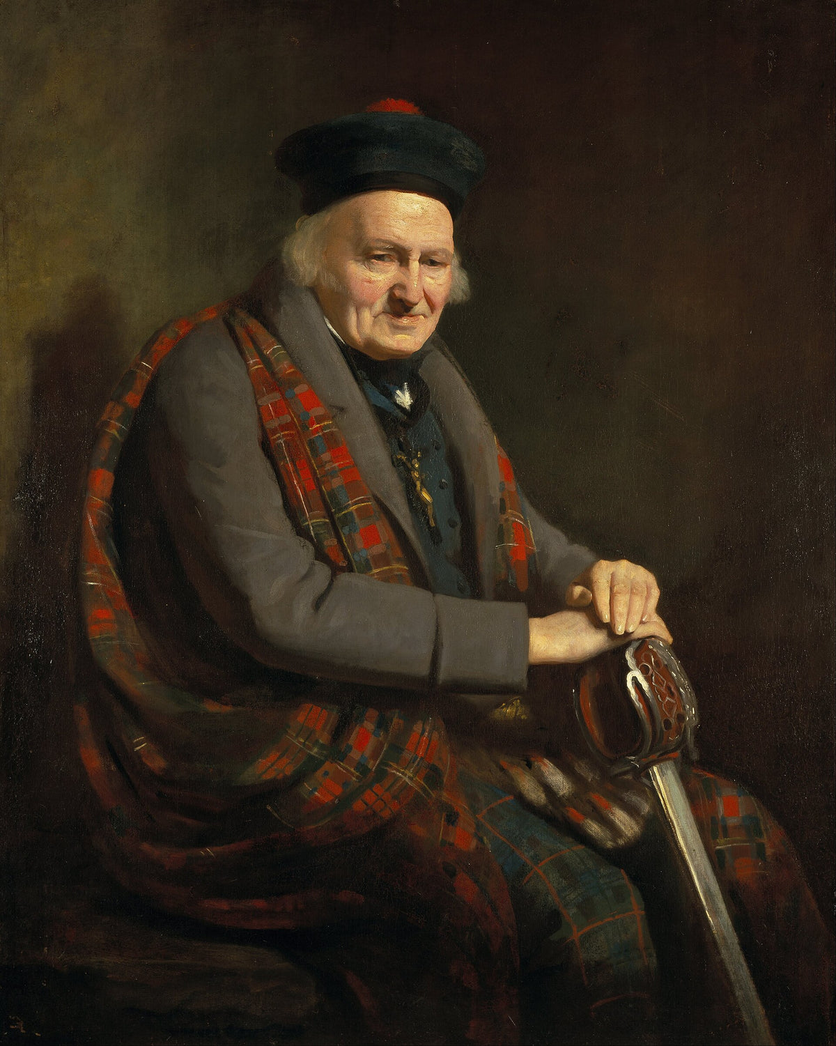 Patrick Grant, Jacobite veteran of Culloden, as an old man in tartan and white bonnet, painted by Colvin Smith