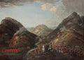 The Battle of Glenshiel in 1719, soldiers and Highlanders fighting in a mountain pass in Kintail, painted by Peter Tillemans