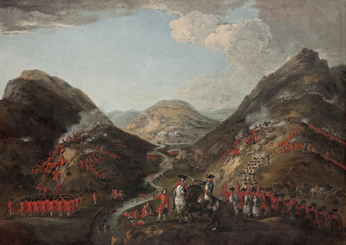 The Battle of Glenshiel in 1719, soldiers and Highlanders fighting in a mountain pass in Kintail, painted by Peter Tillemans