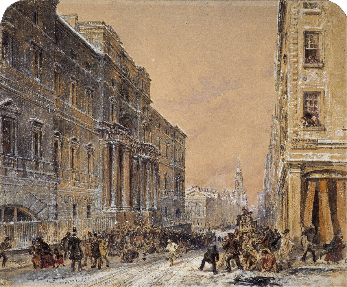 A snowball fight on South Bridge outside the Old College of Edinburgh University, painted by Samuel Bough in 1853