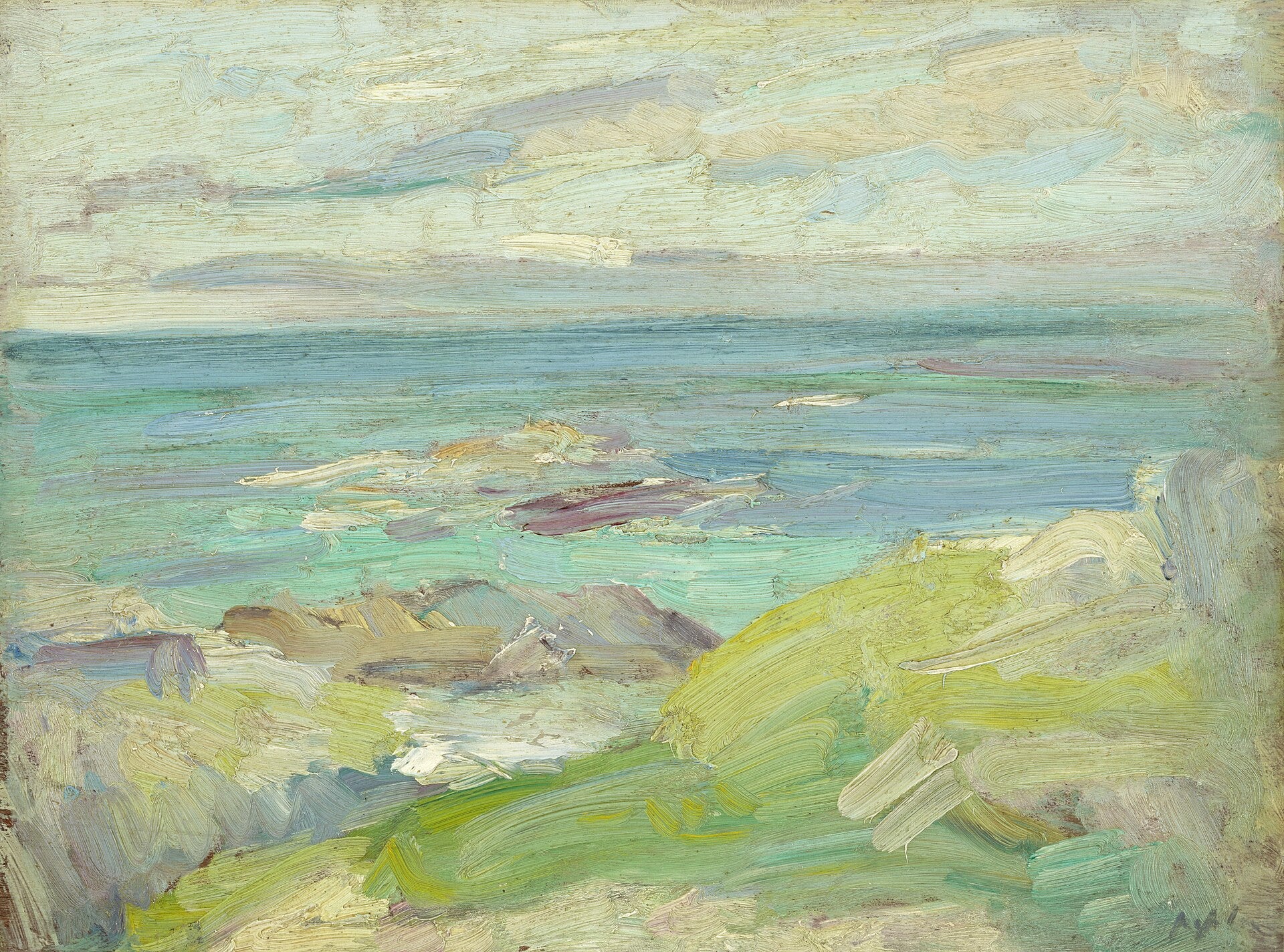 Iona Study by S. J. Peploe — white sand, turquoise water and pink granite rocks on the island of Iona