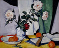 Roses by S. J. Peploe — a Scottish Colourist still life of roses in a vase, painted in flat bright colour