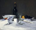 The Black Bottle by S. J. Peploe, about 1905 — a still life with a dark bottle, white cloth and fruit