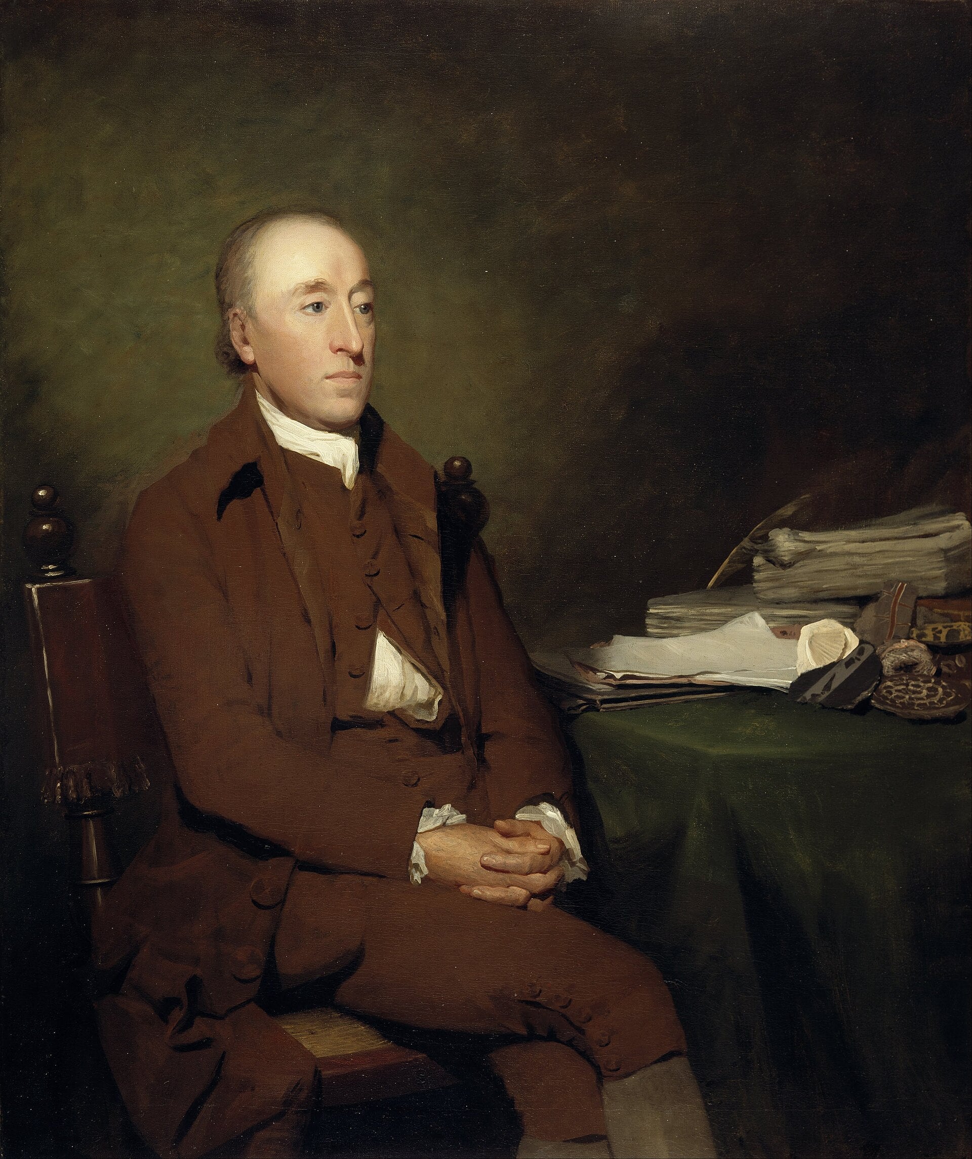 James Hutton the geologist at his desk with fossils and rock specimens, painted by Henry Raeburn