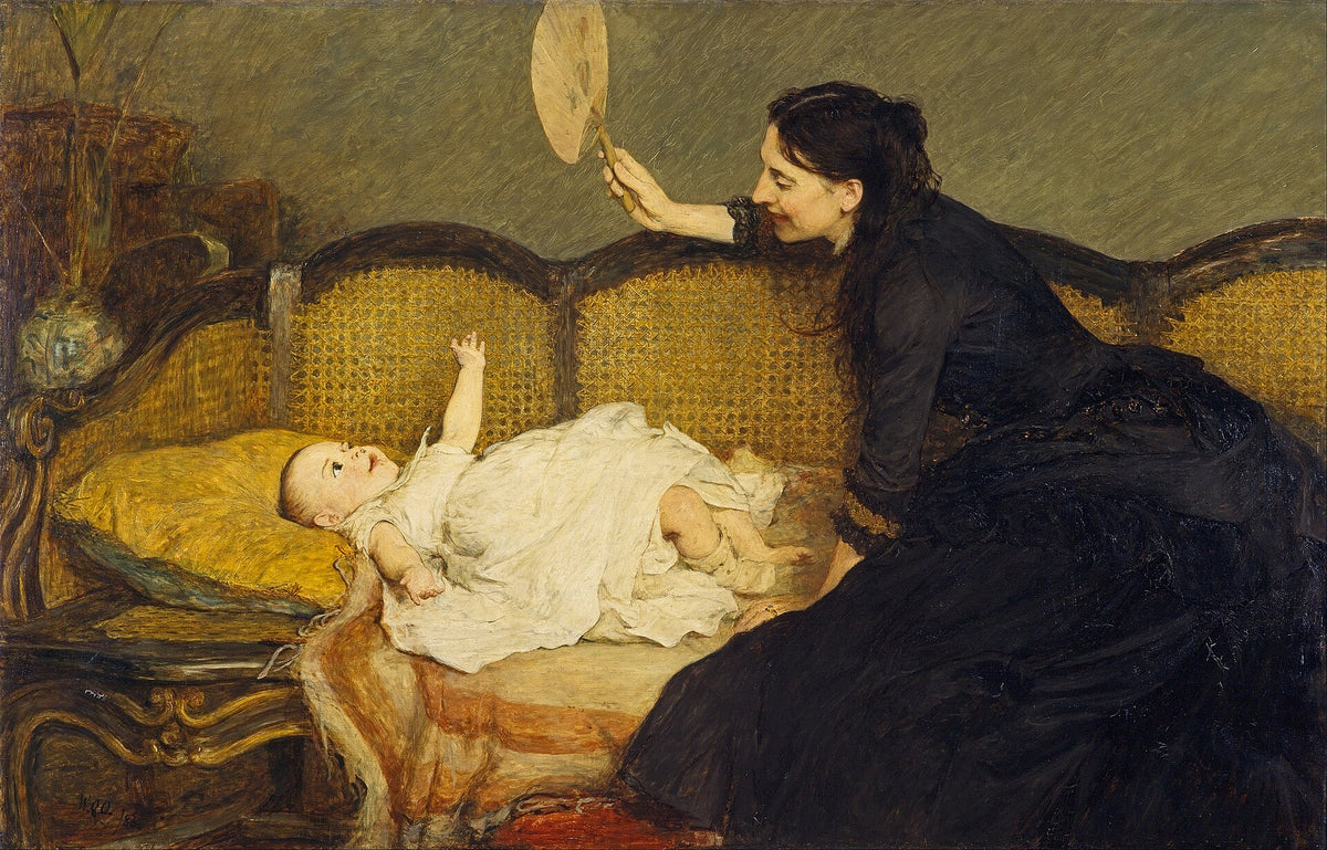 A mother and baby on a long yellow sofa, Master Baby by Sir William Quiller Orchardson, 1886