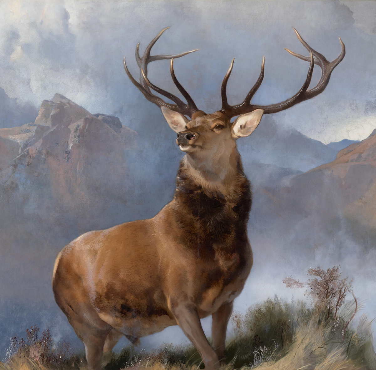 The Monarch of the Glen by Edwin Landseer, 1851, a red deer stag with a twelve-point rack of antlers against Highland mist