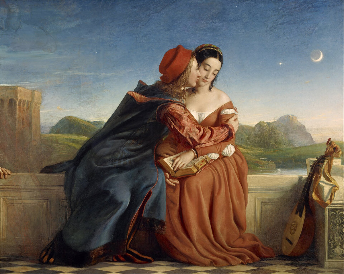 Paolo and Francesca embracing on a moonlit balcony, Francesca da Rimini by William Dyce, 1837