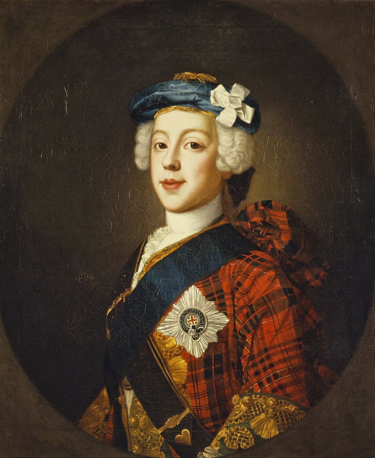 Prince Charles Edward Stuart by William Mosman — an oval portrait of a young man in tartan with a blue bonnet, a white cockade and a star on his chest