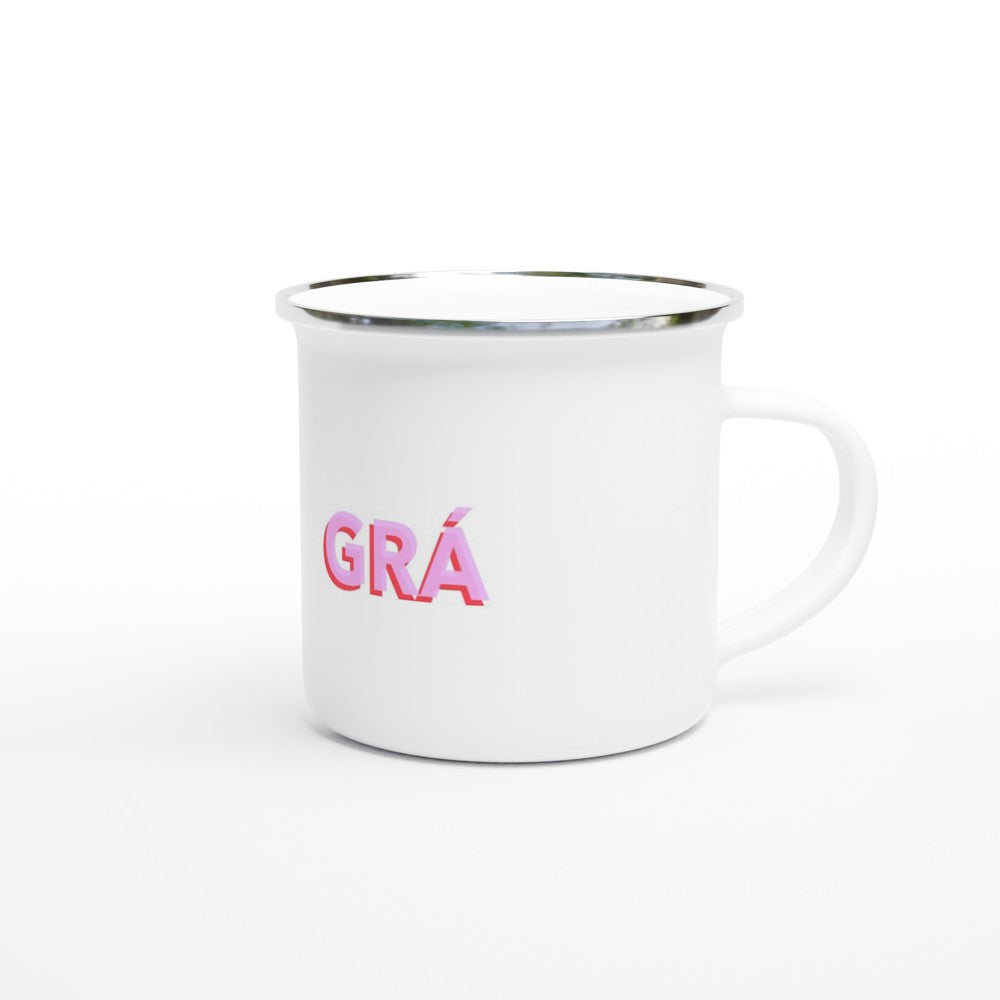 Contemporary enamel mug with Love - Gra design, perfect for Irish language enthusiasts. Lightweight and durable for hiking, camping, or morning coffee. Ideal gift for any occasion, combining functionality with a heartfelt message of affection.