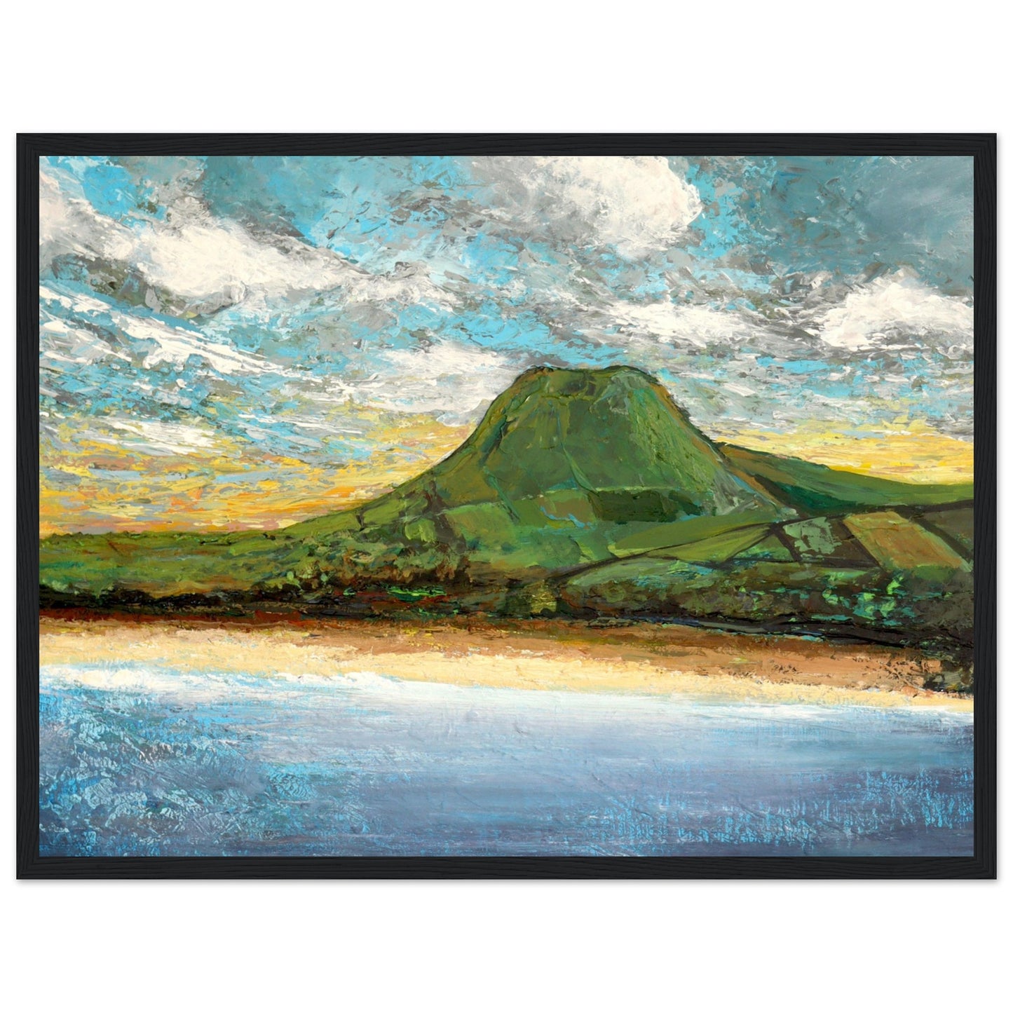 Framed semi-abstract giclee print by Irish artist Ó Maoláin featuring Lurig Mountain and Cushendall Beach in Antrim. The vibrant landscape captures the scenic beauty of the rural beach with its crystal clear waters and sheltered bay, perfect for sea swimming.