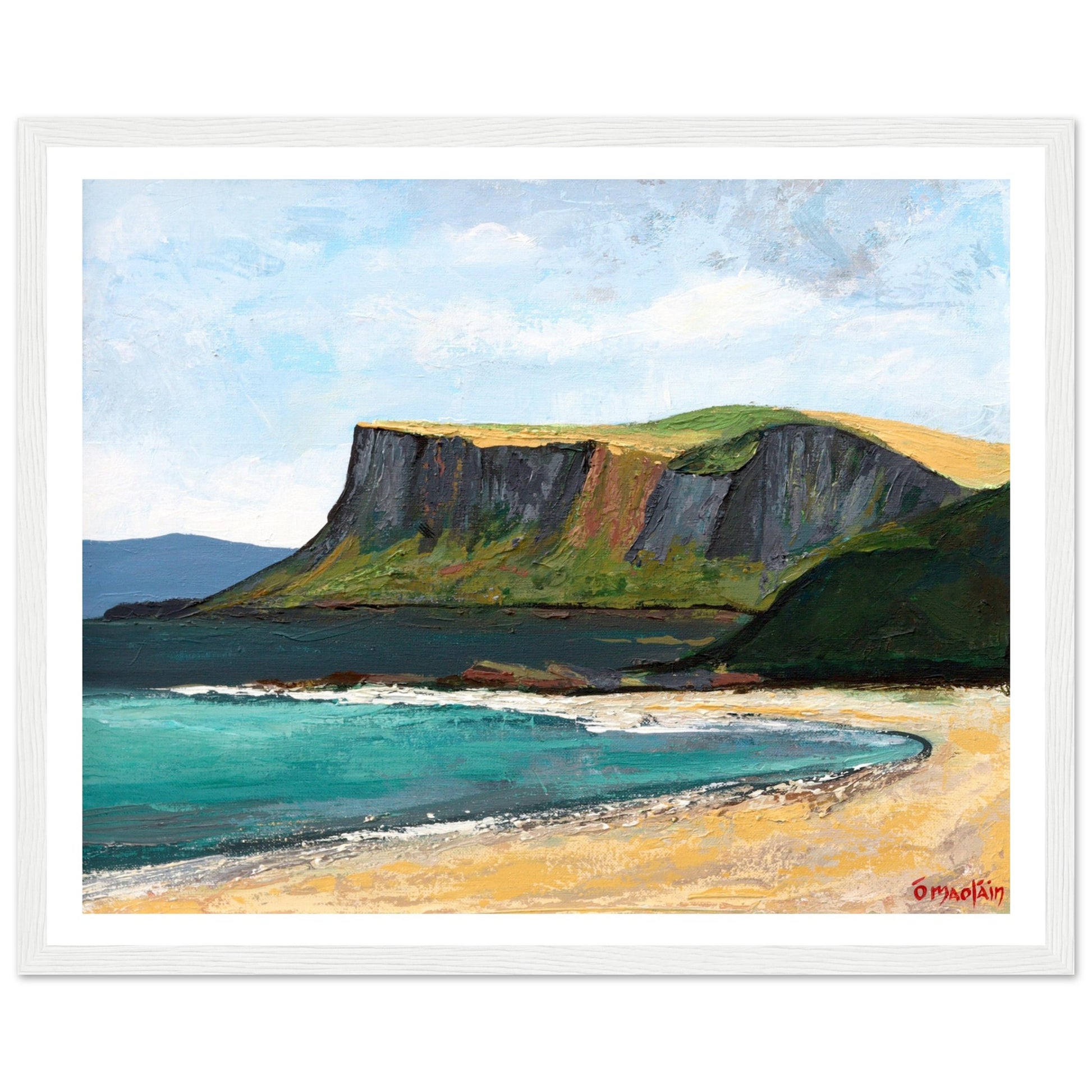 Fair Head by Mullan is a fine art print of Ballycastle beach with Fair Head cliffs in County Antrim, Ireland. This seascape captures the rugged coast, serene beach, and dramatic cliffs under a clear sky, highlighting Ireland’s north coast beauty.