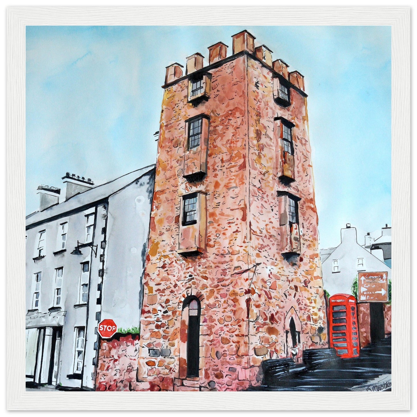 Framed art print 'The Curfew Tower' by Ó Maoláin. This piece depicts The Curfew Tower in Cushendall, Glens of Antrim, built by Francis Turnley in 1820 and now owned by Bill Drummond. The artwork showcases the tower amid the scenic Glens of Antrim.