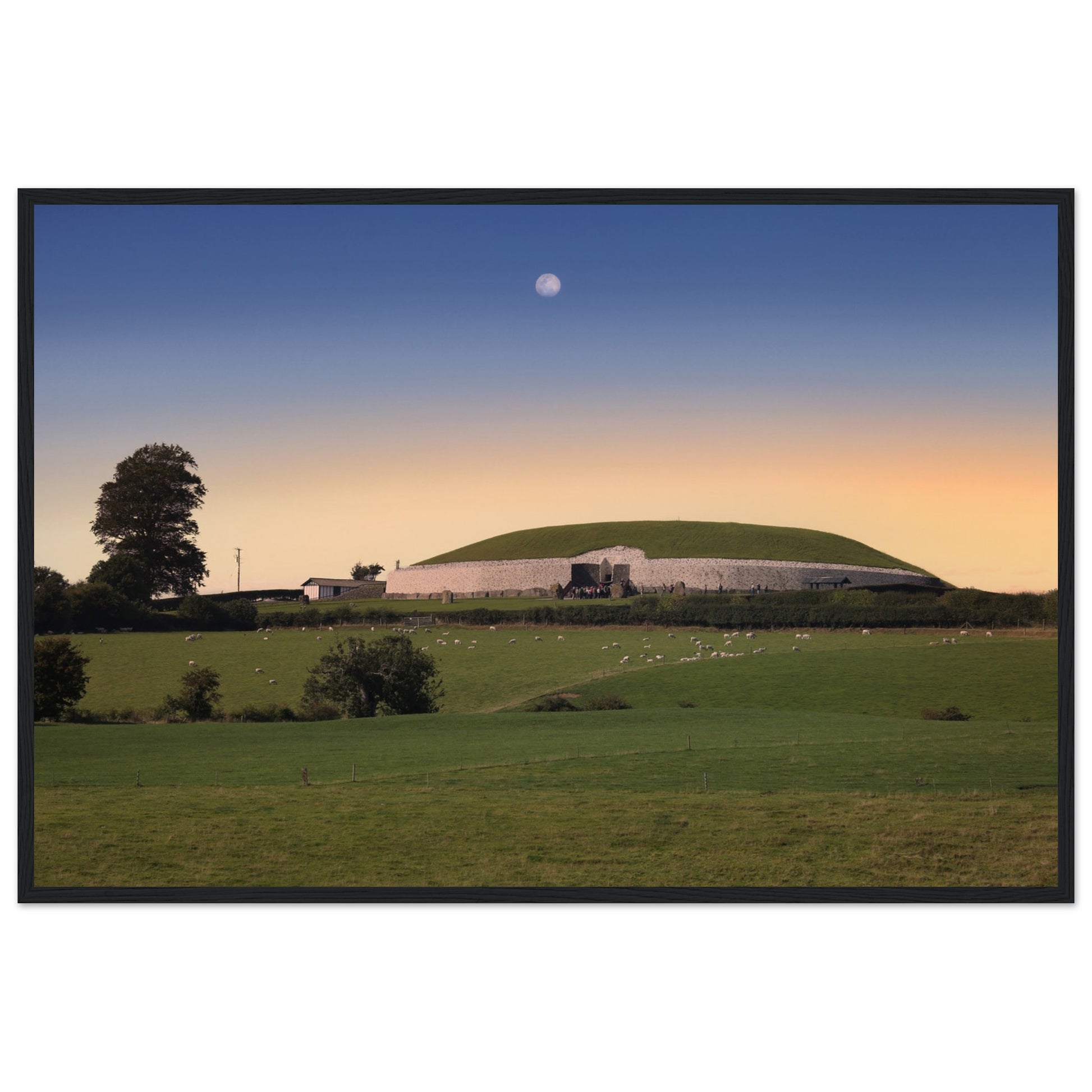 Newgrange framed print: A depiction of the ancient Irish monument, showcasing its intricate carvings and timeless aura. Crafted on 200 gsm Archival Art paper, framed in solid wood. Free worldwide delivery.