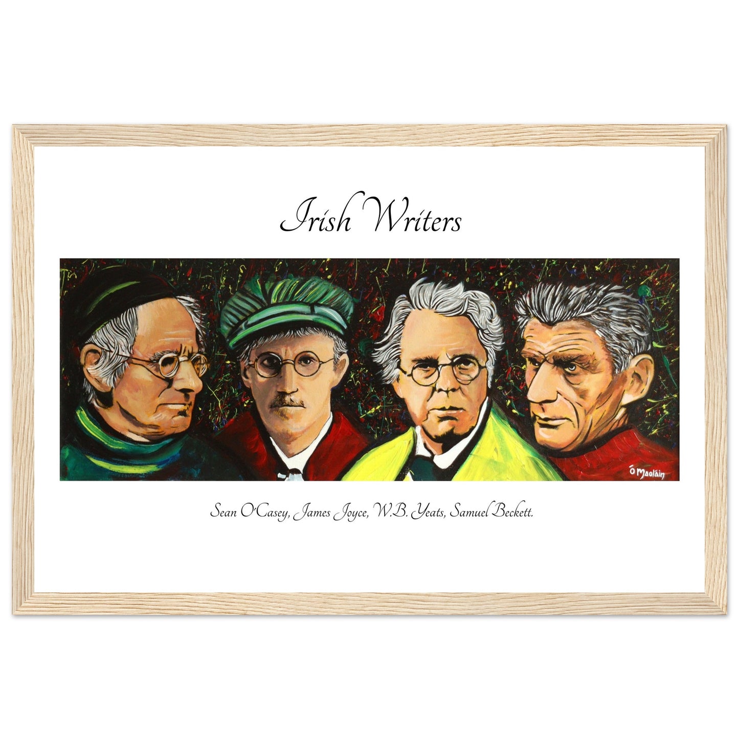 Irish Literary Giants Framed Art Print by Mullan features portraits of Sean O'Casey, James Joyce, W.B. Yeats, and Samuel Beckett. This unique artwork celebrates the legacy of four iconic Irish writers Perfect for literature enthusiasts and art lovers