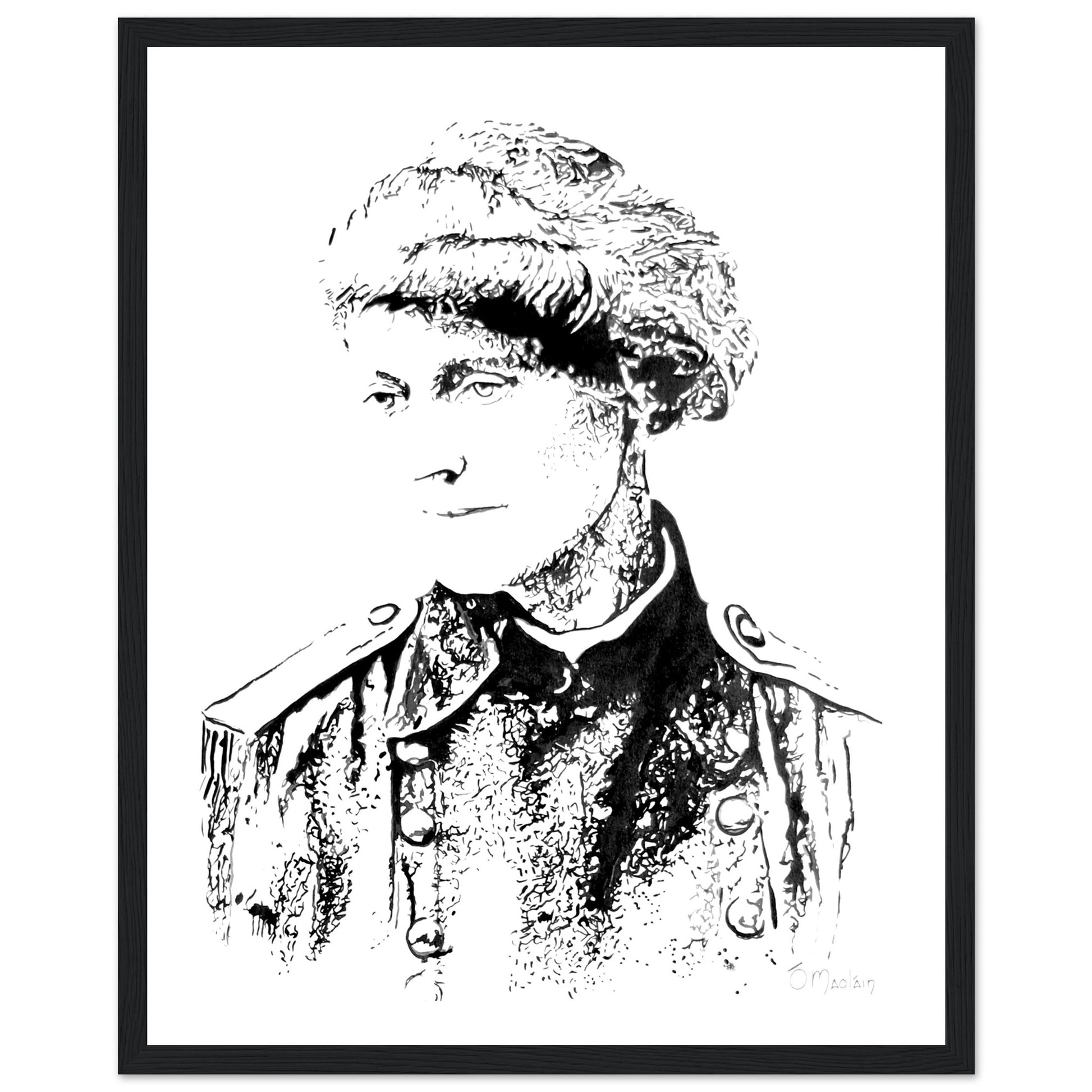 Framed art print by Ó Maoláin depicting Countess Markievicz, celebrating her courage and activism. This timeless piece blends art and history, capturing Ireland's heritage. Perfect for adding a meaningful touch to any space, honoring a trailblazing figure.