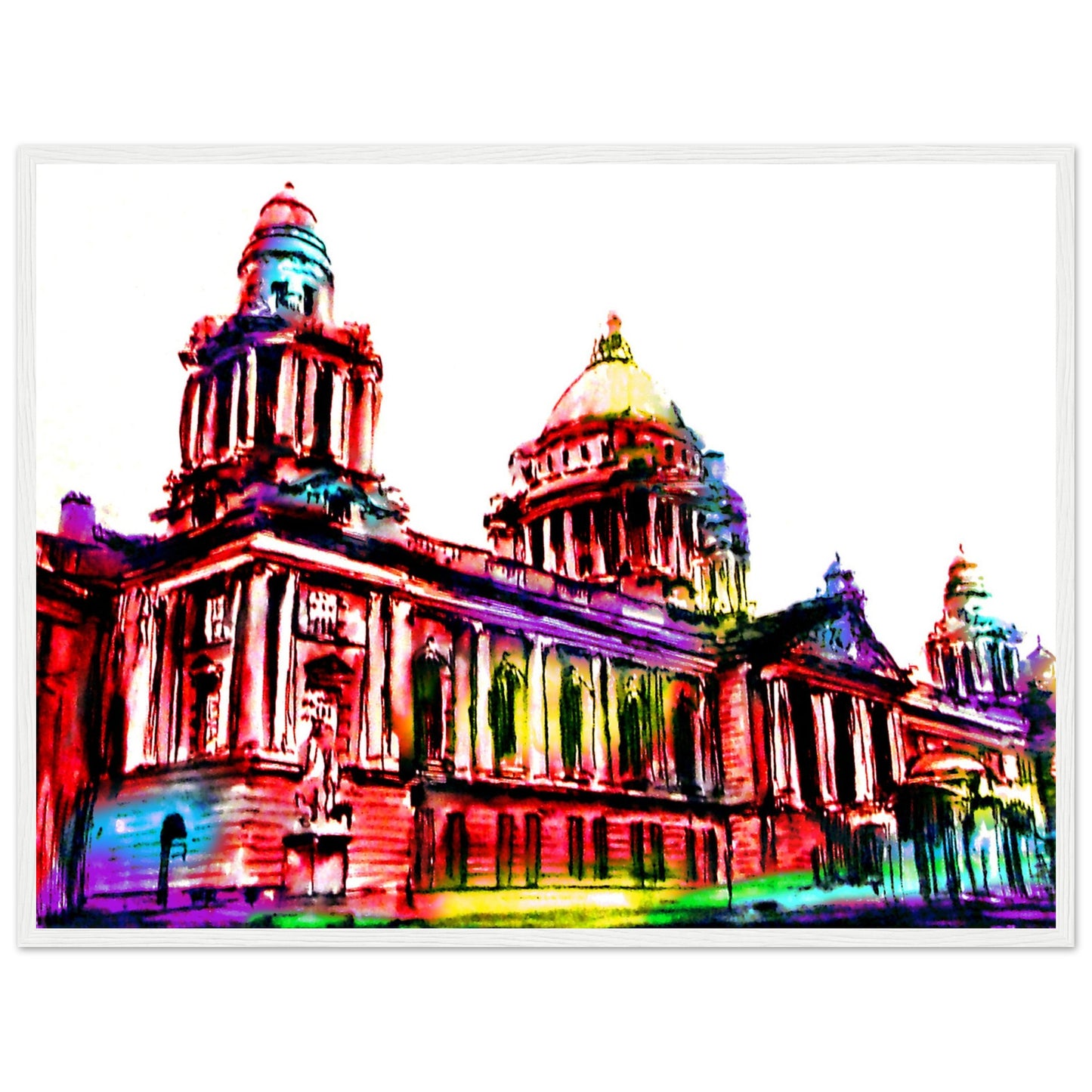 Vibrant Belfast City Hall Framed Art Print by Ó Maoláin. Colourful depiction of Belfast's iconic landmark, reflecting its dynamic spirit. Perfect for commemorating your connection to Belfast or sharing its charm.