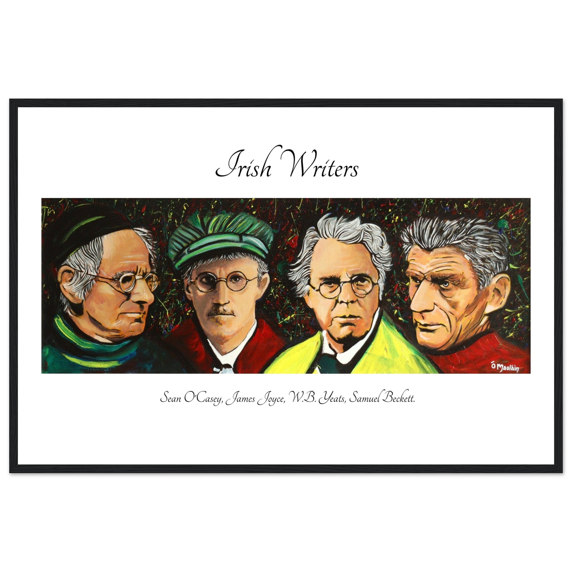 Irish Literary Giants Framed Art Print by Mullan features portraits of Sean O'Casey, James Joyce, W.B. Yeats, and Samuel Beckett. This unique artwork celebrates the legacy of four iconic Irish writers Perfect for literature enthusiasts and art lovers