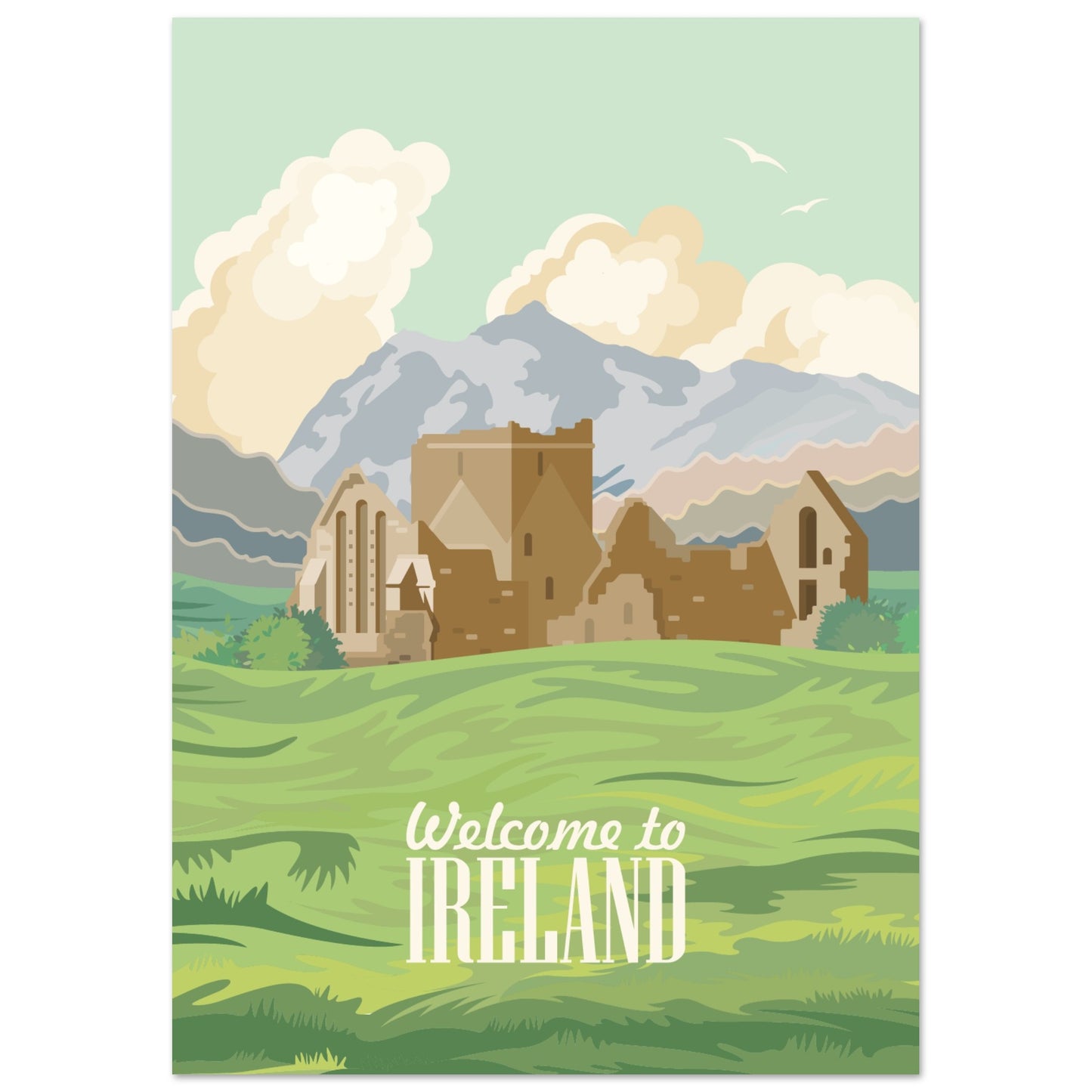 Vibrant 'Welcome to Ireland' art print featuring iconic landmarks like castles and lush landscapes, capturing the charm and culture of the Emerald Isle.