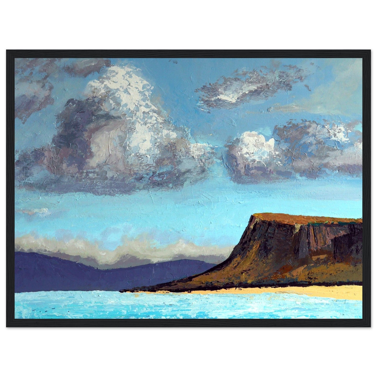 Ó Maoláin's framed art: Ballycastle beach, Fair Head distant view. Serene coastal scene, sandy shores, cliffs. County Antrim, Ireland.