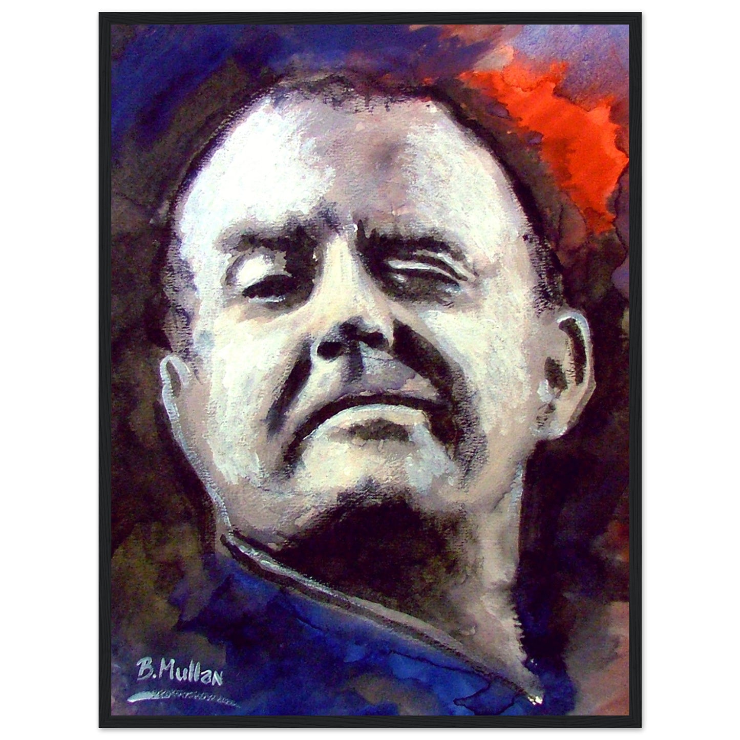 Portrait of Christy Moore, Irish folk singer-songwriter. Art print by B. Mullan, featuring iconic songs like 'Ride On' and 'The Voyage'. Celebrate Irish music and culture with this vibrant wall art.