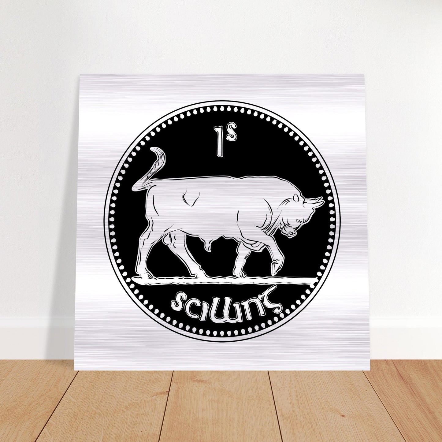 Old Irish Money Shilling Coin Bull Brushed Aluminum Print