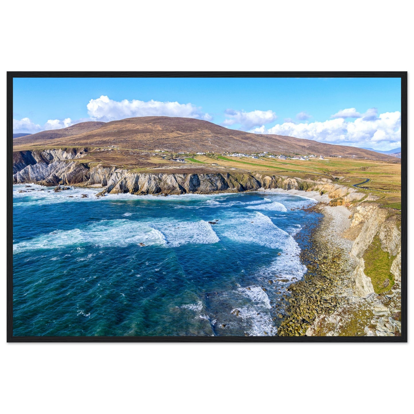 Framed print of Achill Island and the Wild Atlantic Way, showcasing rugged cliffs, the vast Atlantic Ocean, and rich, intricate colors. Perfect for adding the untamed beauty and unique charm of the Irish west coast to any space. Ideal for art lovers and coastal enthusiasts.