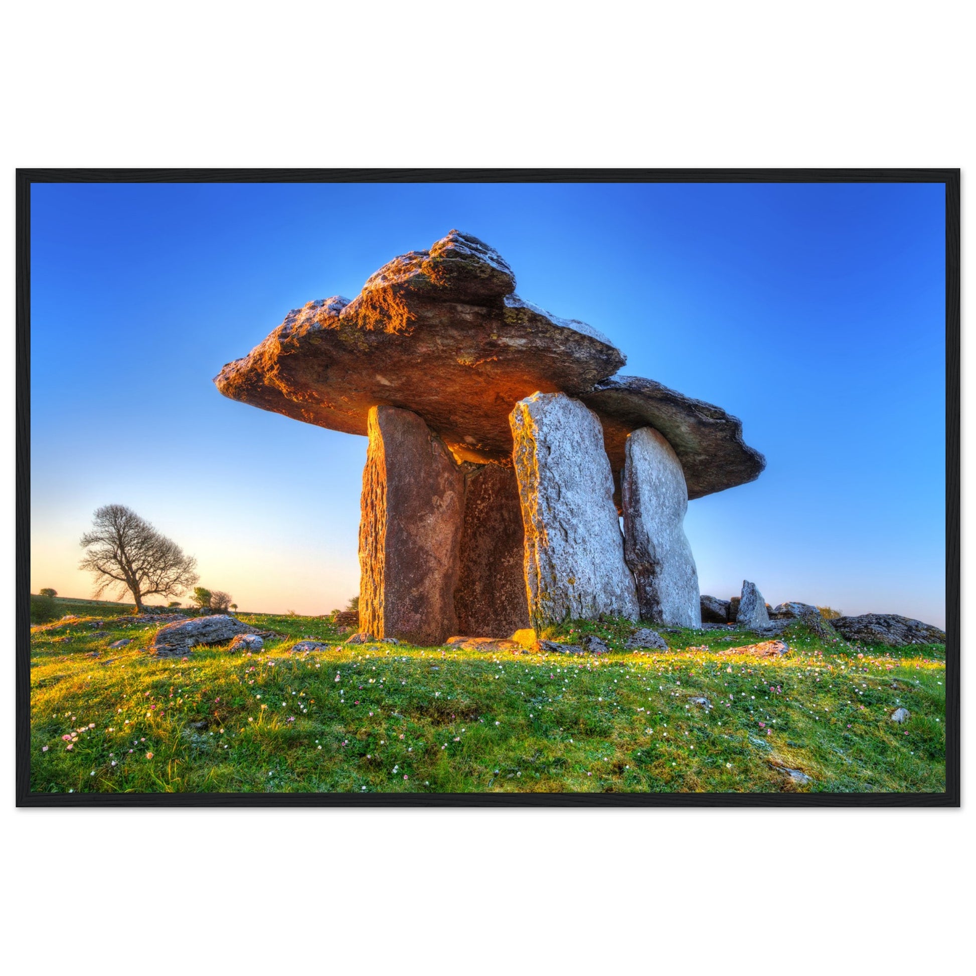 Framed print of Poulnabrone Dolmen, iconic Irish monument amidst Burren's limestone plateau. Evokes rich history and breathtaking landscapes.