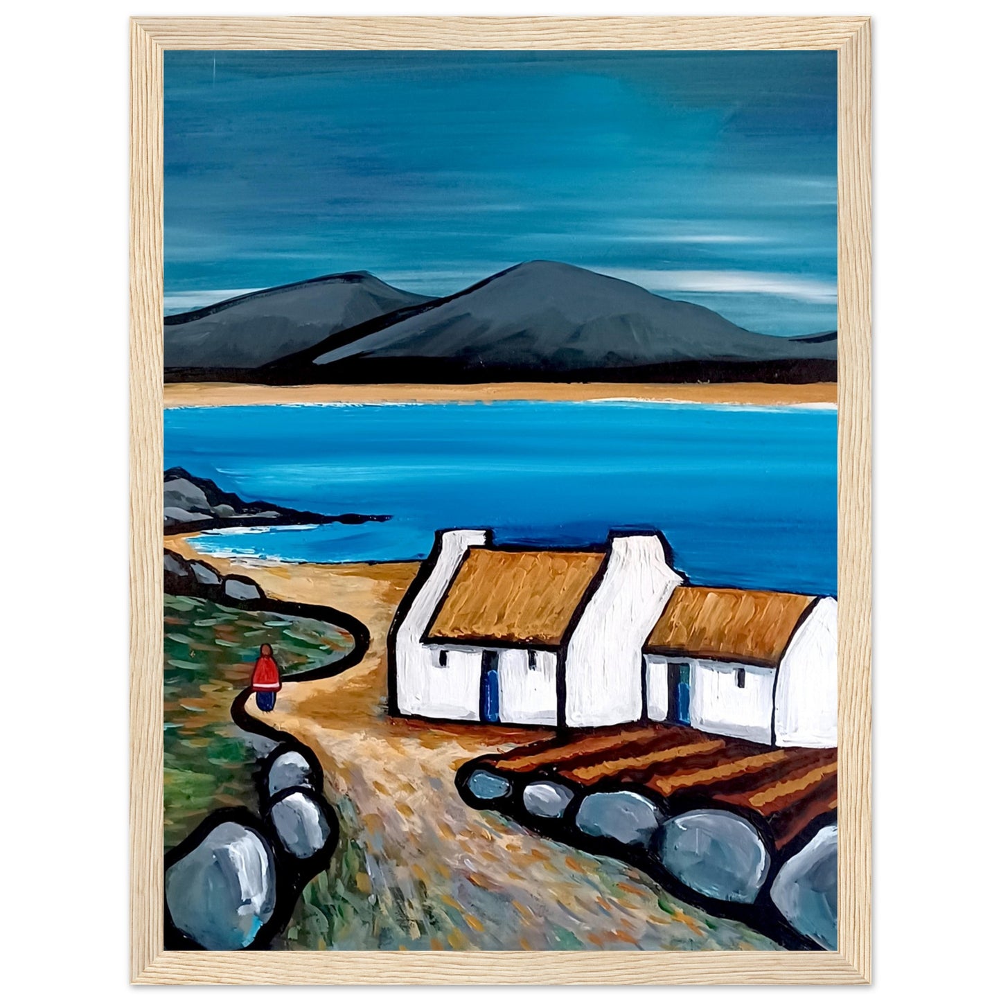 Framed art print titled Connemara Lakes Cottage by Irish artist Ó Maoláin. Features a serene lakeside cottage in Connemara, Ireland, with lush greenery and tranquil waters. The piece captures the rustic beauty of the Irish countryside, enhancing home decor.