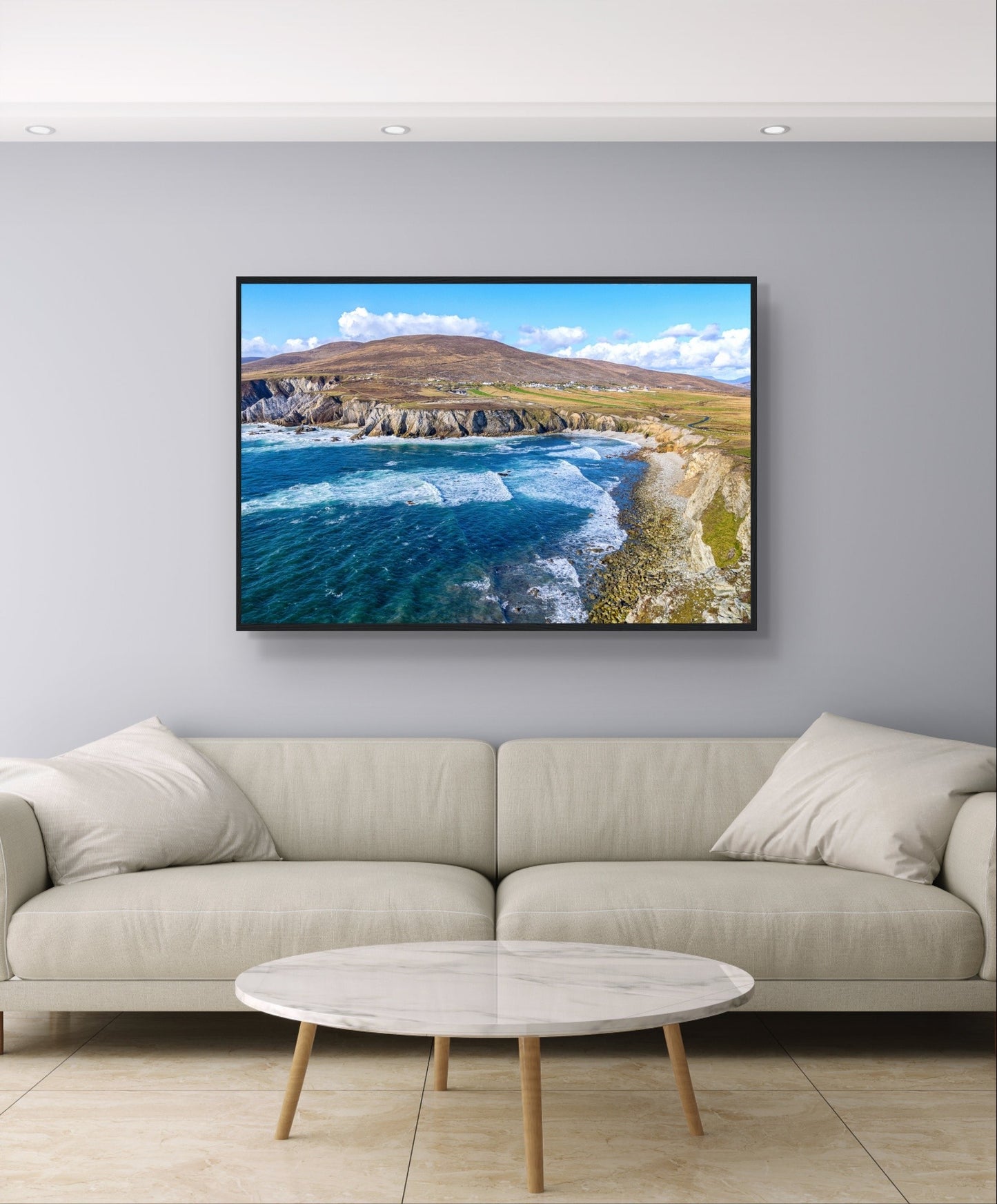 Framed print of Achill Island and the Wild Atlantic Way, showcasing rugged cliffs, the vast Atlantic Ocean, and rich, intricate colors. Perfect for adding the untamed beauty and unique charm of the Irish west coast to any space. Ideal for art lovers and coastal enthusiasts.