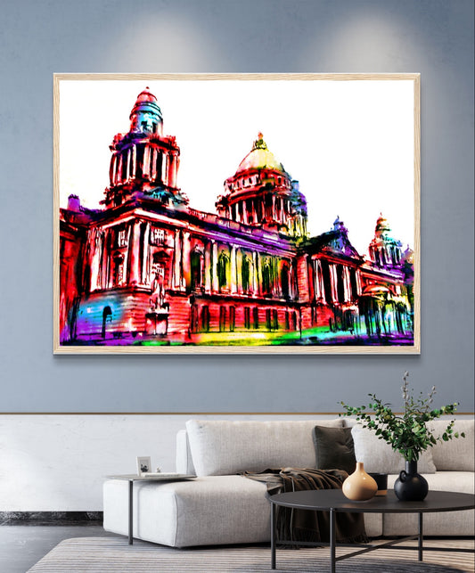 Vibrant Belfast City Hall Framed Art Print by Ó Maoláin. Colourful depiction of Belfast's iconic landmark, reflecting its dynamic spirit. Perfect for commemorating your connection to Belfast or sharing its charm. Great Wedding Gift.