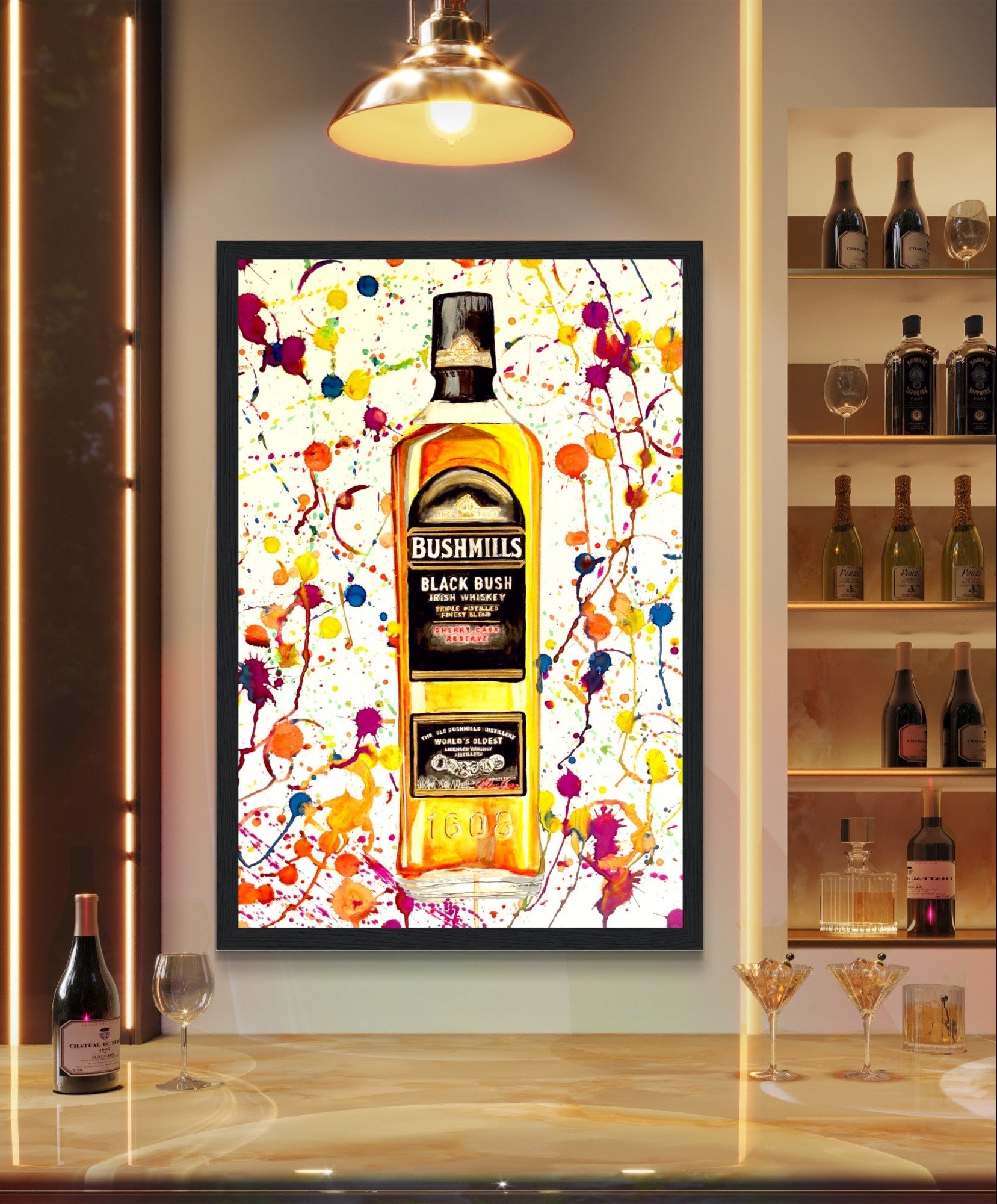 Artwork of Bushmills Black Bush whiskey bottle in Bushmills, Northern Ireland, near Giant's Causeway. Perfect for whiskey lovers and those who appreciate Irish craftsmanship. Hotel Bar Whiskey Collection. 